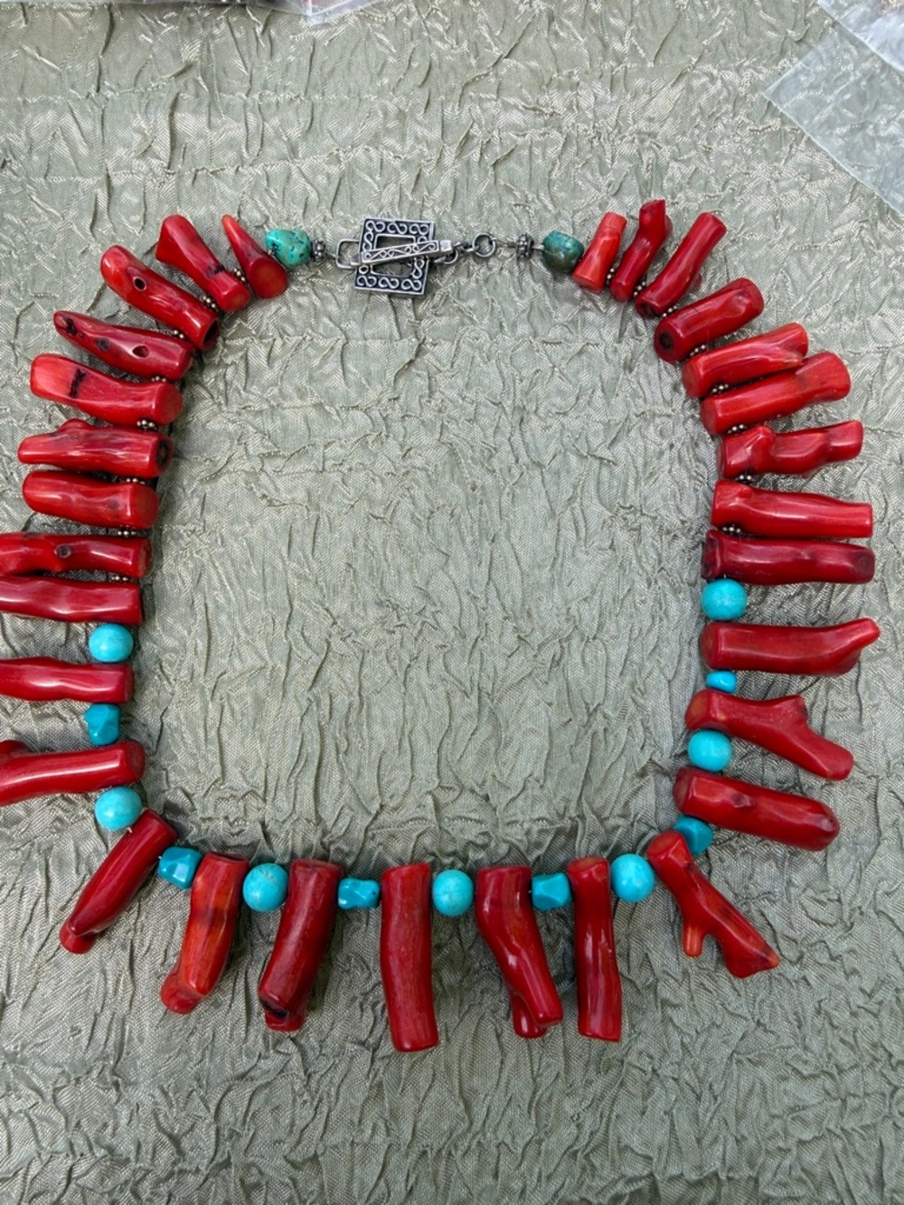Natural Red Coral Branch Necklace with Turquoise Beads  sterling silver clasp